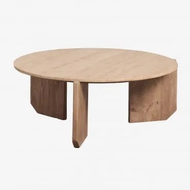 Mesa De Centro Redonda Em Pedra Natural E Madeira De Manga Lavinia Travertino & Madeira De Manga Rústica & Ø85 Cm - Sklum
