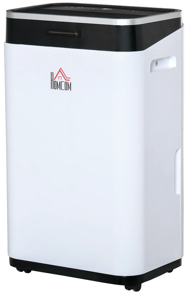 HOMCOM Desumidificador Elétrico 6,5L 20L/Dia com 3 Modos 2 Velocidades Tela LED Luzes Indicadoras Temporizador e Rodas Silencioso para Casa 34x24x57cm Branco