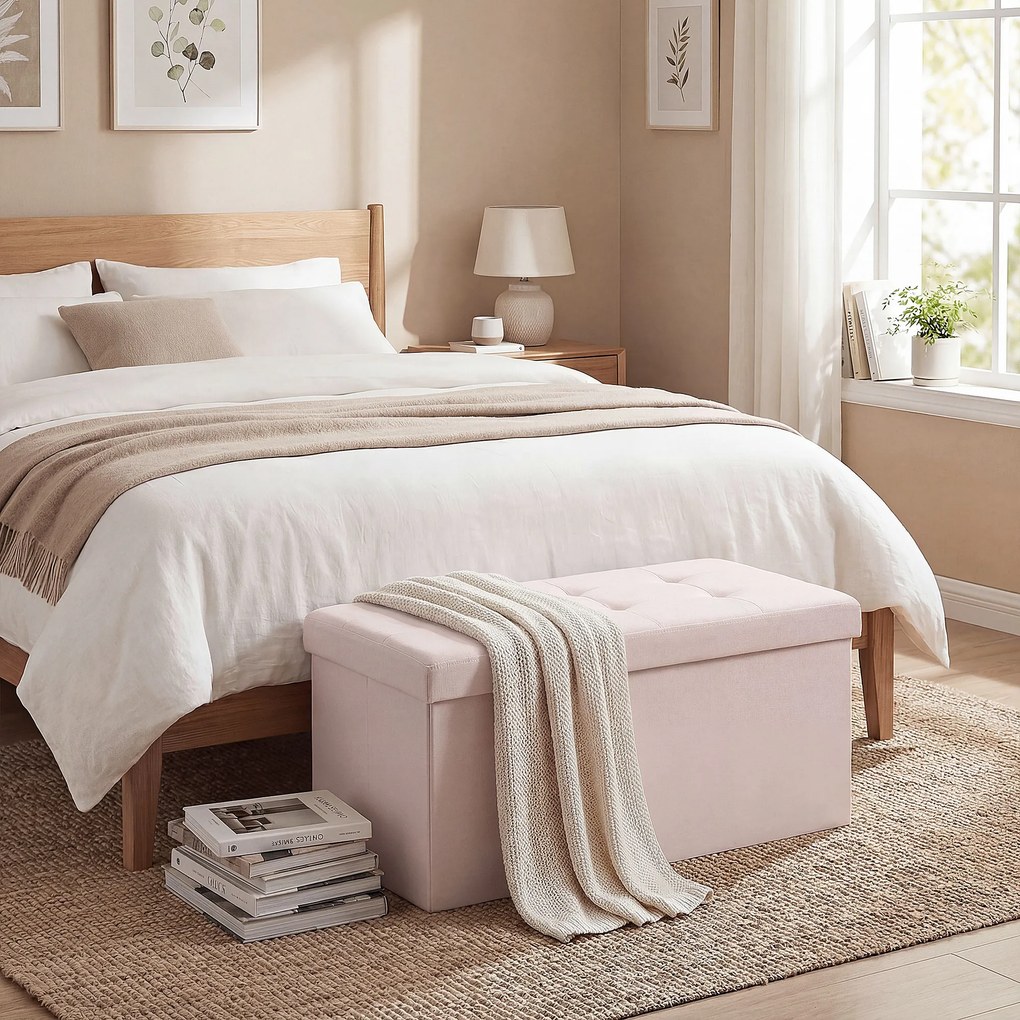Puff de Arrumação Banco Dobrável 84 L 76x38x38 cm Estofado em Linho Sintético, Baú de Arrumação Rosa