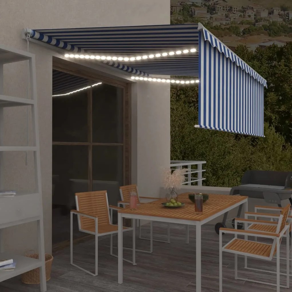 Toldo retrátil manual com estore/LED 4x3 m azul e branco