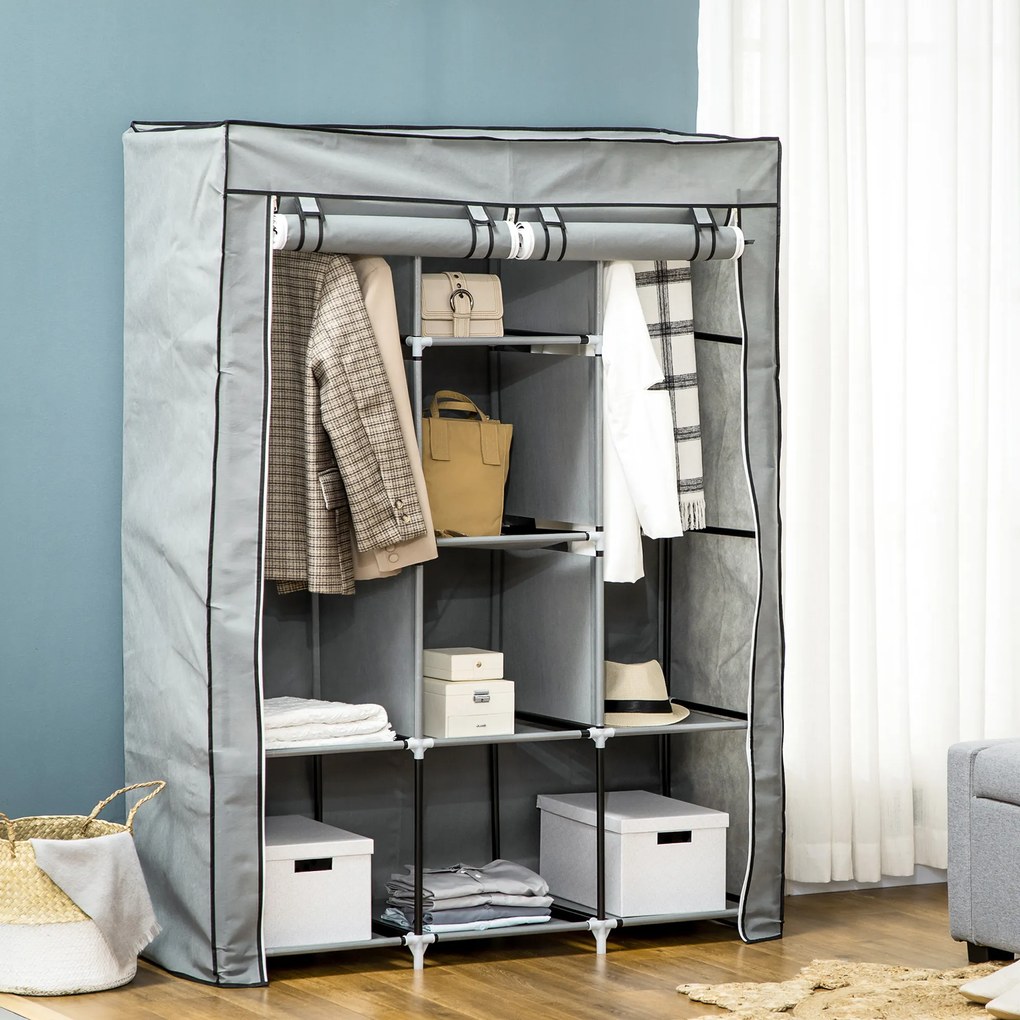 HOMCOM Roupeiro de Tecido Dobrável Armário Portátil com 8 Prateleiras de Armazenamento e 2 Barras de Pendurar Organizador de Roupa para Dormitório Vestidor 125x43x162,5cm Cinza Claro