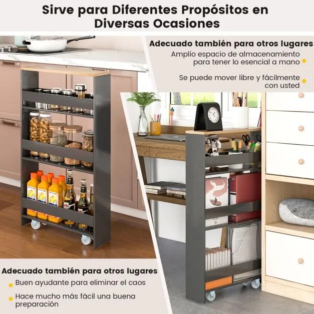 Carrinho de cozinha de arrumação estreito com 4 Estantes Rodas Organizador Móvel Economizador de Espaço para a Casa de Banho 48 x 13 x 81 cm Cinzento