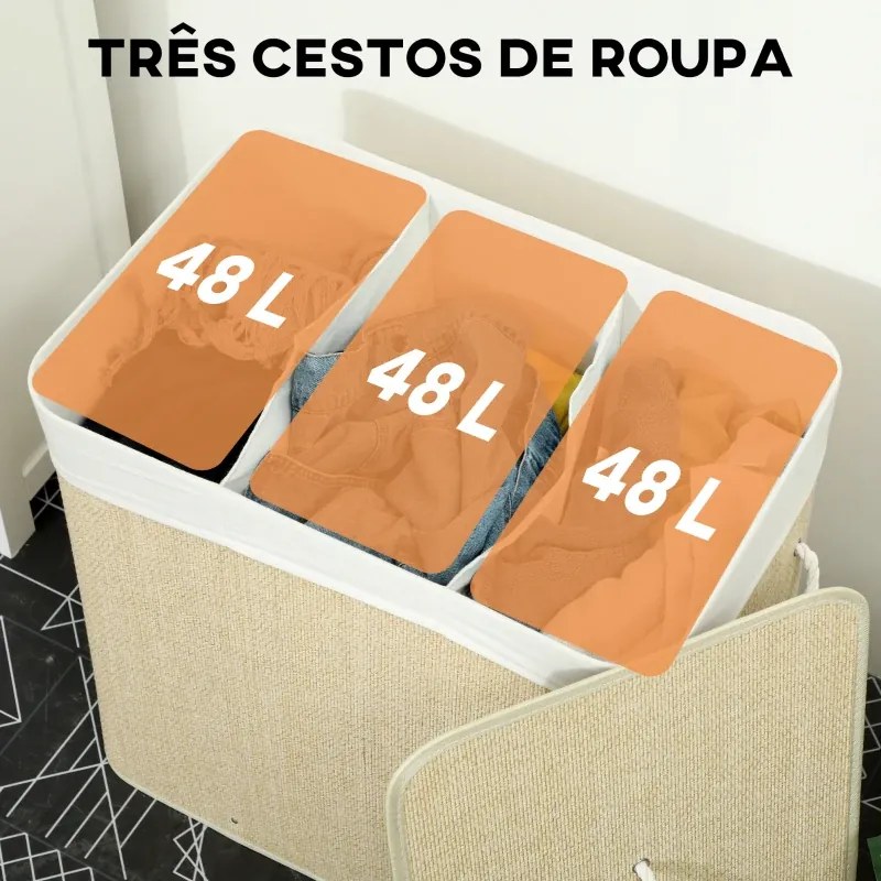 Cesto de Roupa Suja com Tampa 144L de Bambu com 3 Compartimentos 60x40x60 cm Creme