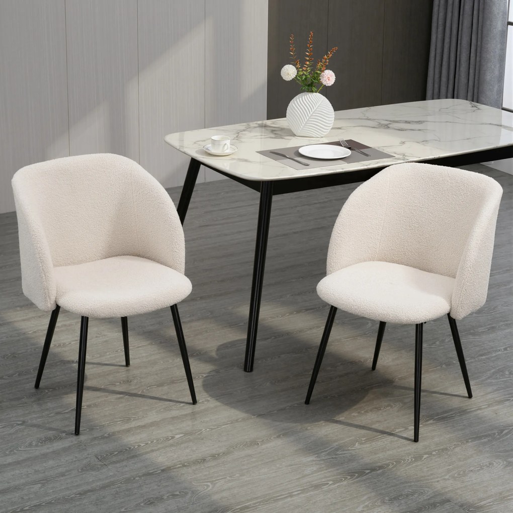 Conjunto de 2 cadeiras de sala de jantar com encosto em tecido com efeito de lã felpuda e pés em aço, 55 x 62 x 80 cm, bege e preto
