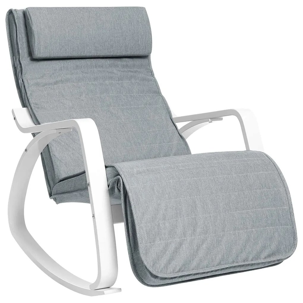 Cadeira de balanço SONGMICS em madeira de bétula, cadeira relaxante, apoio para os pés, ajustável, 5 níveis, capa de linho sintético, carga máxima de 150 kg, sala de estar, quarto, cinza claro LYY11WG