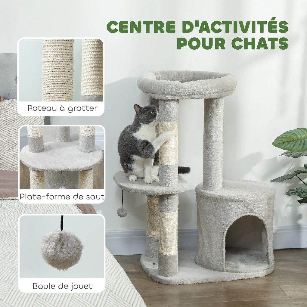 Arranhador para gatos com torre de brincadeiras, arranhadores, plataforma, compartimentos abertos, bola e tecido felpudo, 60 x 45 x 90 cm, cinzento c