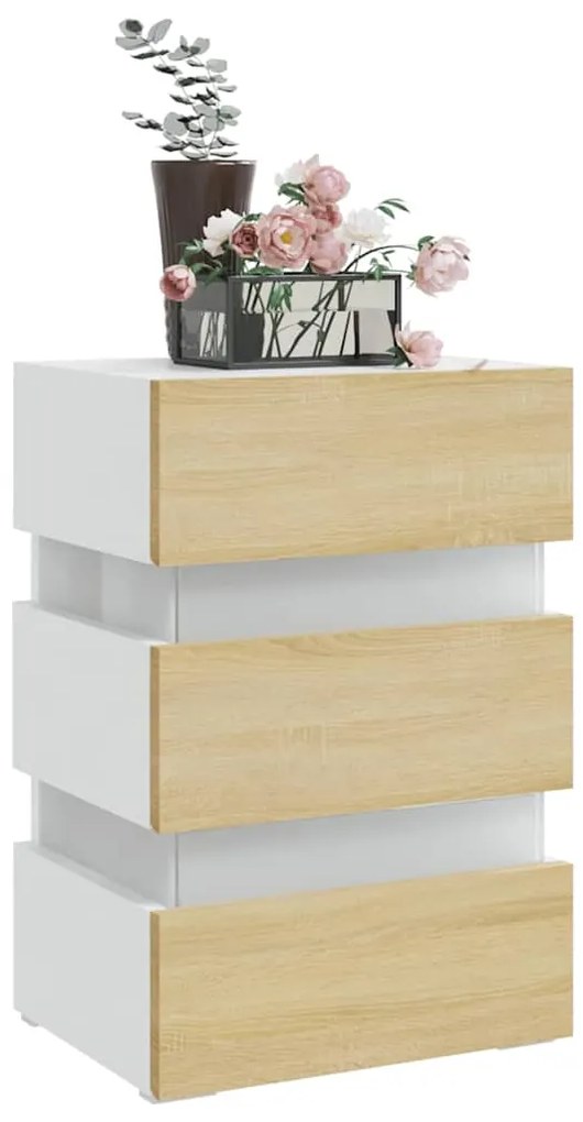 Mesa de cabeceira c/ LEDs derivados de madeira branco/sonoma