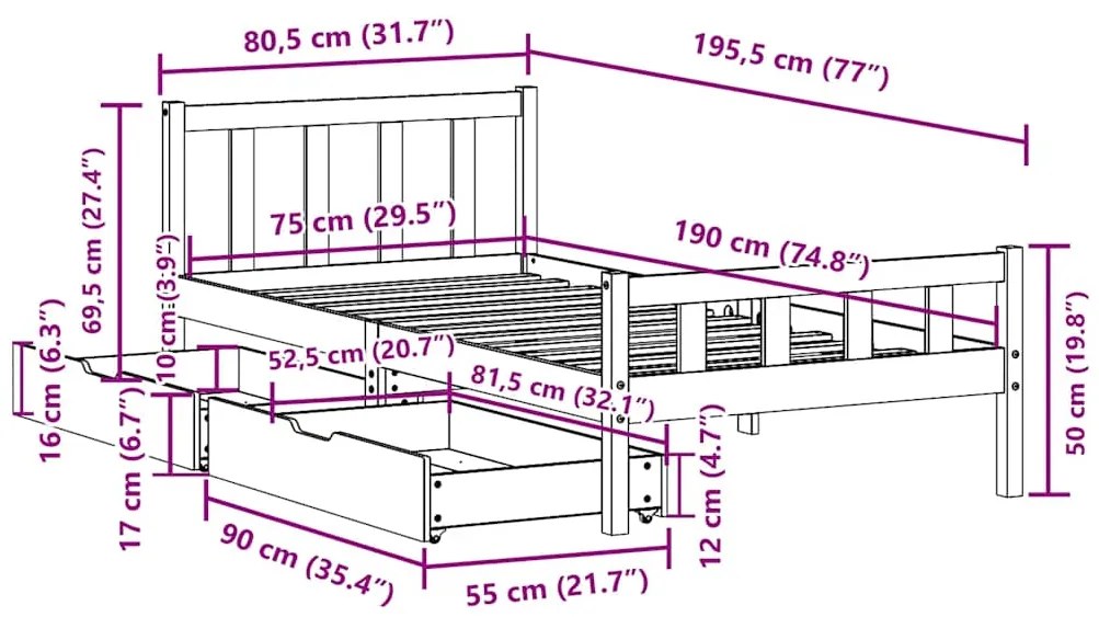 Cama sem colchão 75x190 cm madeira de pinho maciça castanho-mel