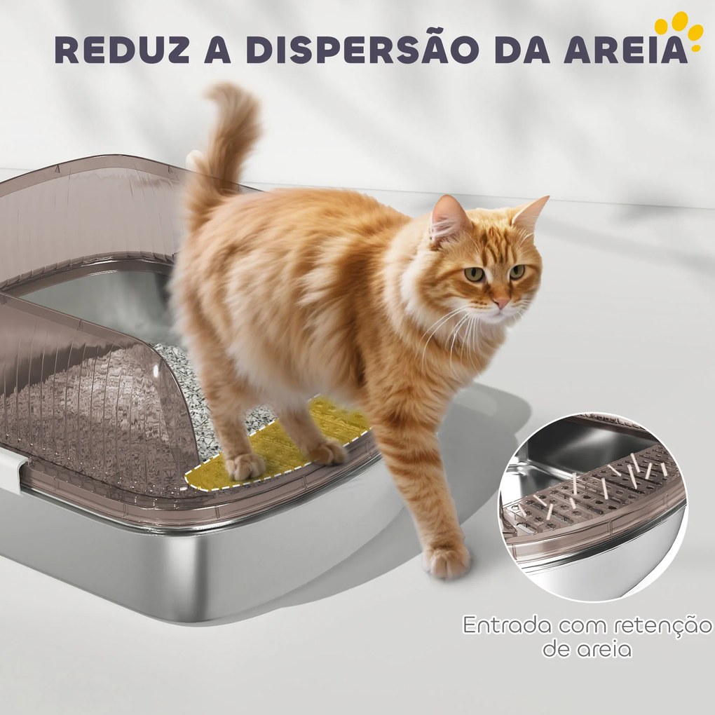 Caixa de Areia para Gatos Fechada com Bandeja em Aço Inoxidável Bordas Altas Pá para Gatos Grandes 53x42x27 cm Cinzento