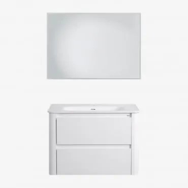 Conjunto De Móvel De Casa De Banho Suspenso 80x50 Cm Em Madeira Com Lavatório Integrado Egerton Branco & Led Retangular E Anti-embaciamento - Sklum