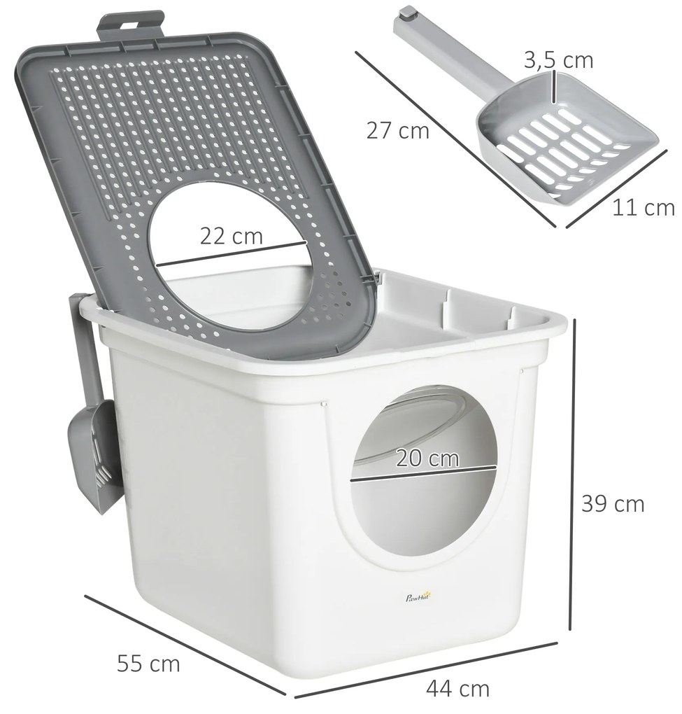 Caixa de Areia para Gatos com Pá Sanita para Animais de Estimação com 2 Portas 44x55x39 cm Branco e Cinza