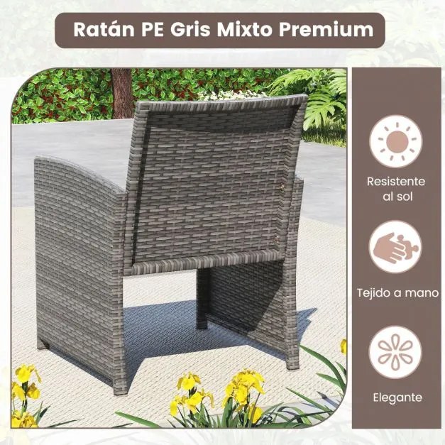 Conjunto de Jardim, 4 peças em rattan com almofadas e tampo em vidro temperado, para jardim, alpendre ou varanda, cinzento e Creme