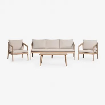 Conjunto De Jardim Com Sofá De 3 Lugares, 2 Poltronas E Mesa De Centro Em Madeira De Acácia E Corda Trançada Kaela Marrom Acácia Claro & Tecido Castan
