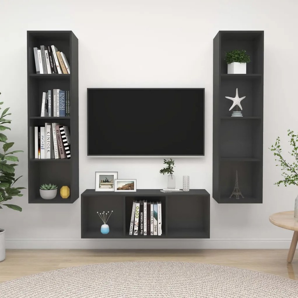 vidaXL 3 pcs conjunto de móveis de TV derivados de madeira cinzento