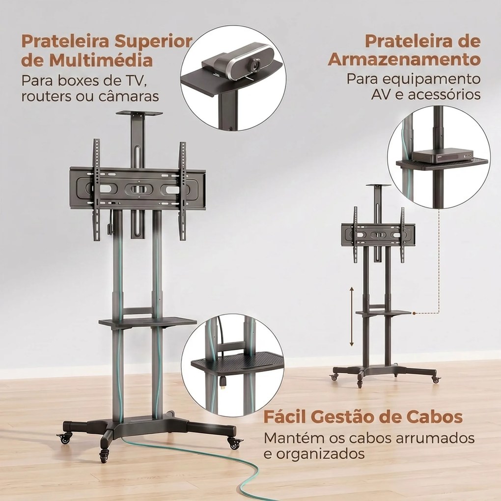 Suporte para TV com Rodas para Televisores de 32-75 Polegadas, Altura Ajustável, Rodas com Travão, VESA máx. 400 x 600 mm