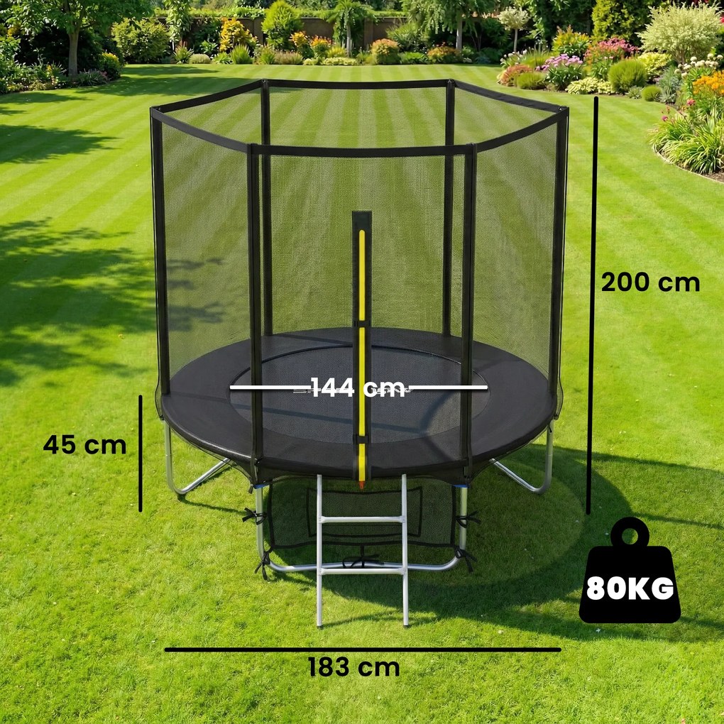 Trampolim para Crianças Exterior Ø183 cm com Rede de Segurança Escada de 2 Degraus Cobertura de Molas Saco de Armazenamento Preto