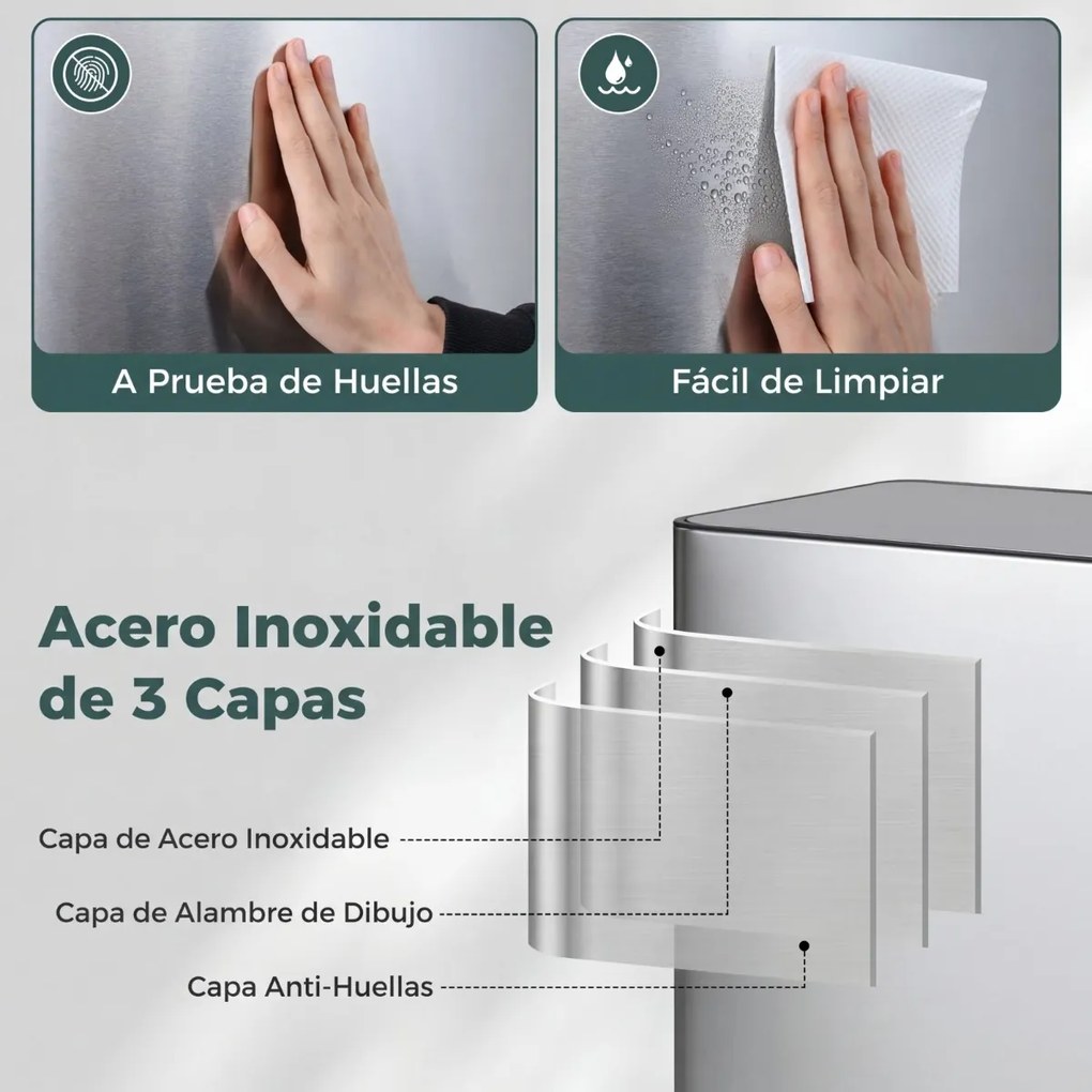 Cubo do lixo de 60 L para cozinha 54 x 34 x 67 cm com 2 compartimentos, tampa com pedal e alças laterais Prata