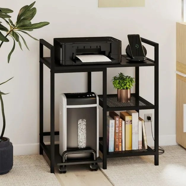 Suporte para impressora 63,5 x 40 x 72 cm com estação de carregamento de 3 níveis com rodas bloqueáveis Preto