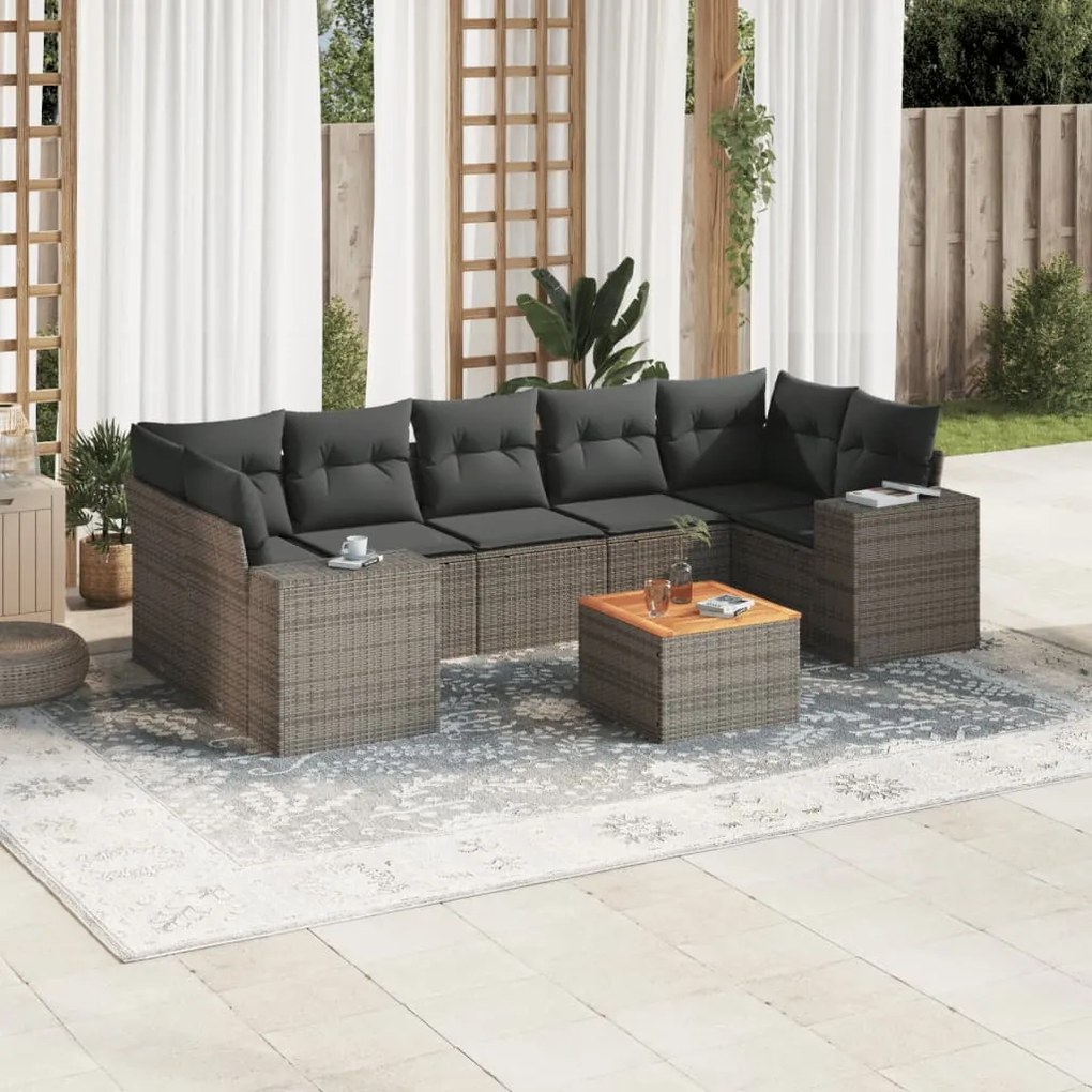 8 pcs conjunto sofás de jardim c/ almofadões vime PE cinzento