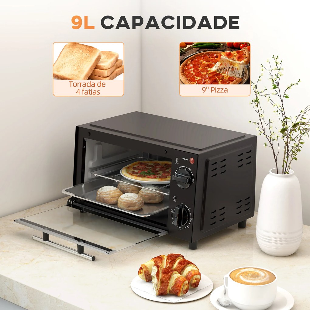 Mini Forno Elétrico 9L com Temperatura Ajustável até 230°C Temporizador 60 min e Bandeja para Assar 35x24,6x20 cm Preto