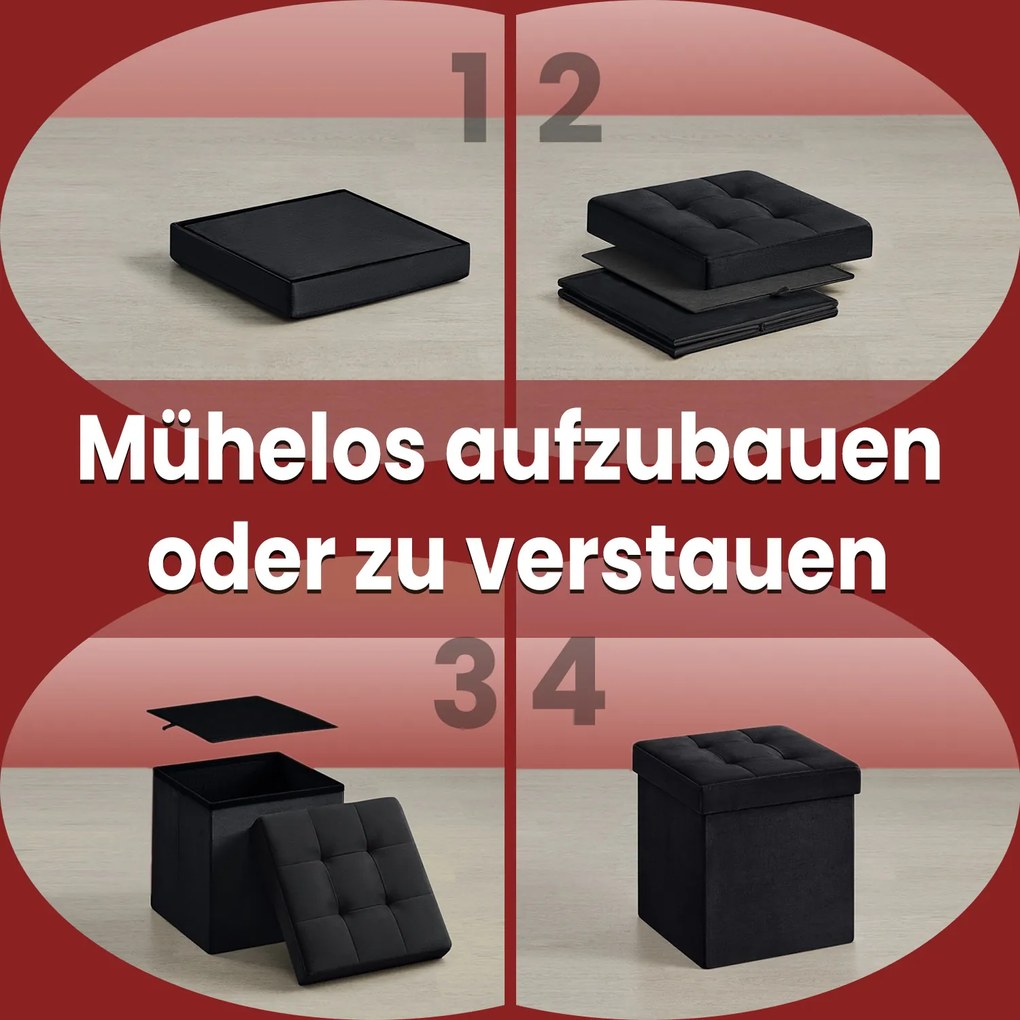 Banco com espaço de arrumação em veludo 38 x 38 x 38 cm preto