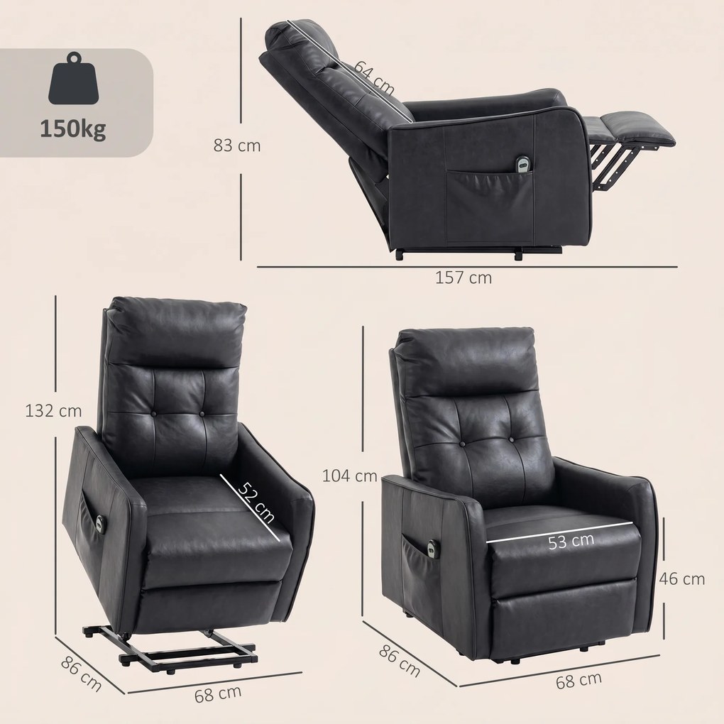 Poltrona Relax Reclinável Elétrica Elevatória em Couro PU com Controlo Remoto, Assento com Molas, Apoio para os Pés, Cinzento