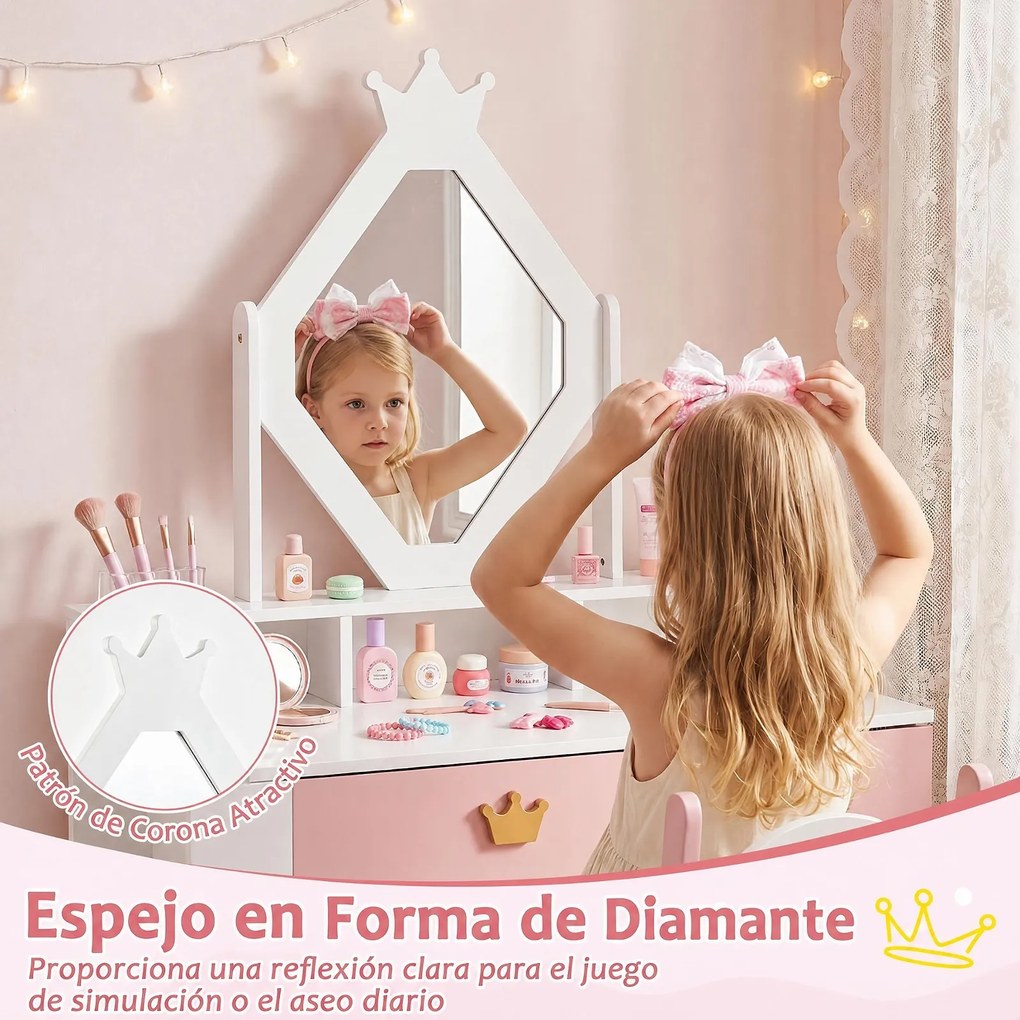 Conjunto de Toucador Infantil com Espelho e Cadeira, 80 x 40 x 130 cm, Espaço de Arrumação Ajustável, Branco