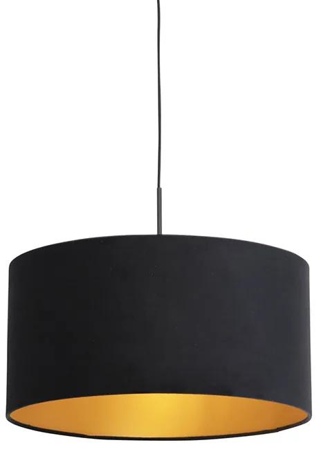 Candeeiro de suspensão com cúpula de veludo preto com 50 cm dourado - Combi Clássico / Antigo