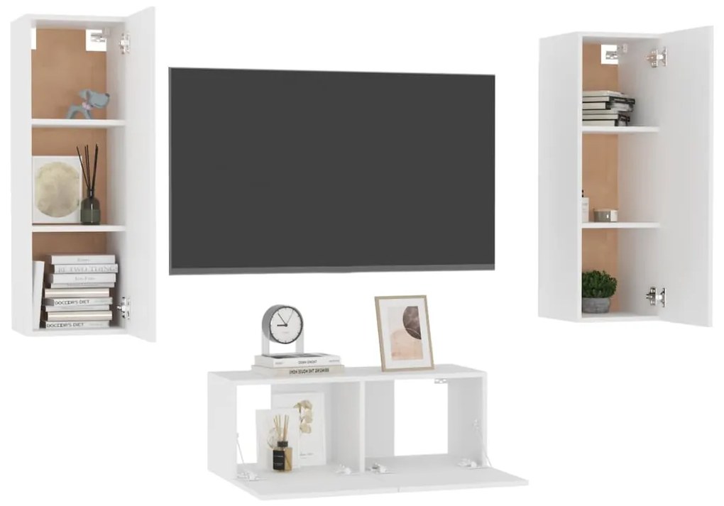 3 pcs conjunto de móveis de TV derivados de madeira branco