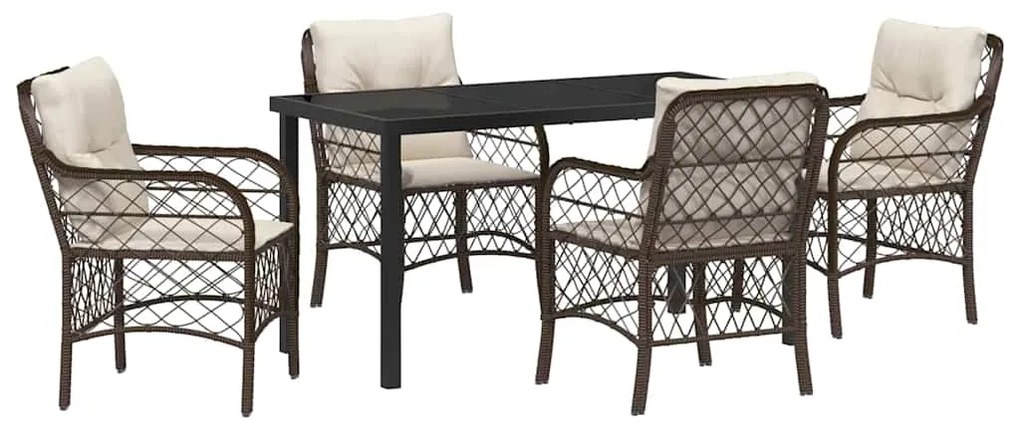 Conjunto de Jantar de Jardim com 5 Peças e Almofadas Marrons em Rattan