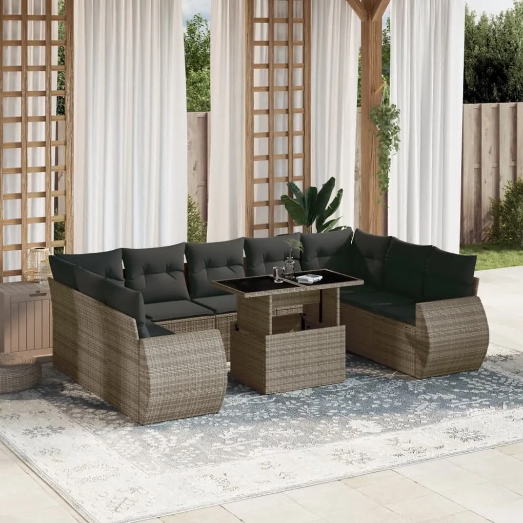 10 pcs conjunto sofás de jardim c/ almofadões vime PE cinzento