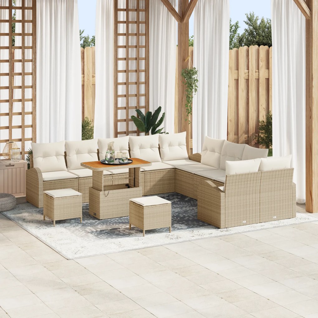 Conjunto de Sofá de Jardim vidaXL de 13 Peças com Almofadas Bege Rattan Poliéster Acácia