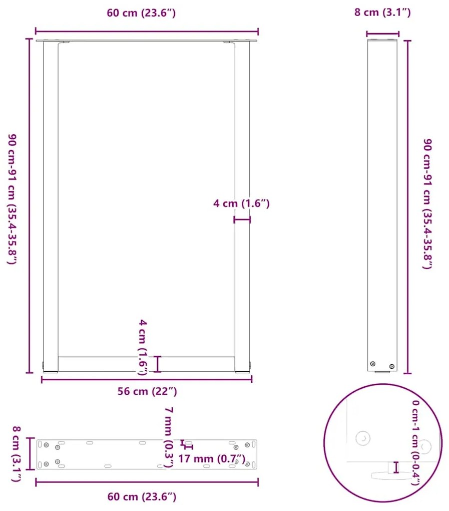 Pés de mesa de bar em forma de U, 2 peças, aço natural, 60x(90-91) cm,