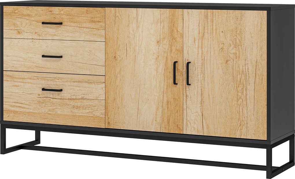 Aparador de sala de estar com 3 gavetas e prateleira ajustável 140 x 35 x 75 cm, pés em aço, puxadores em liga de alumínio acabamento em cor de madeir
