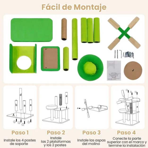 Arranhador para gatos com moinho de vento com vários níveis com poste para arranhar Plataforma com almofada Verde