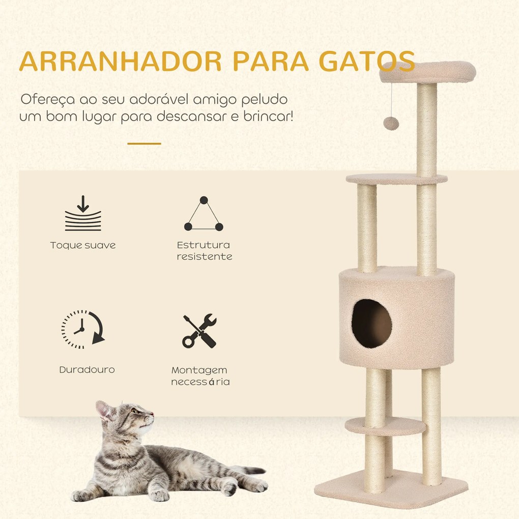 Arranhador para Gatos Altura 148 cm Arranhador para Gatos com Postes de Sisal 3 Plataformas Casa e Bola Suspensa Bege