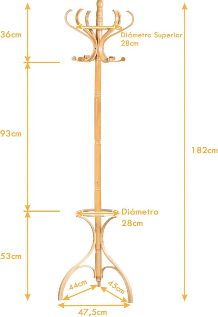 Cabide de Pé Alrik – 182 cm – Madeira Natural com 12 Ganchos Giratório
