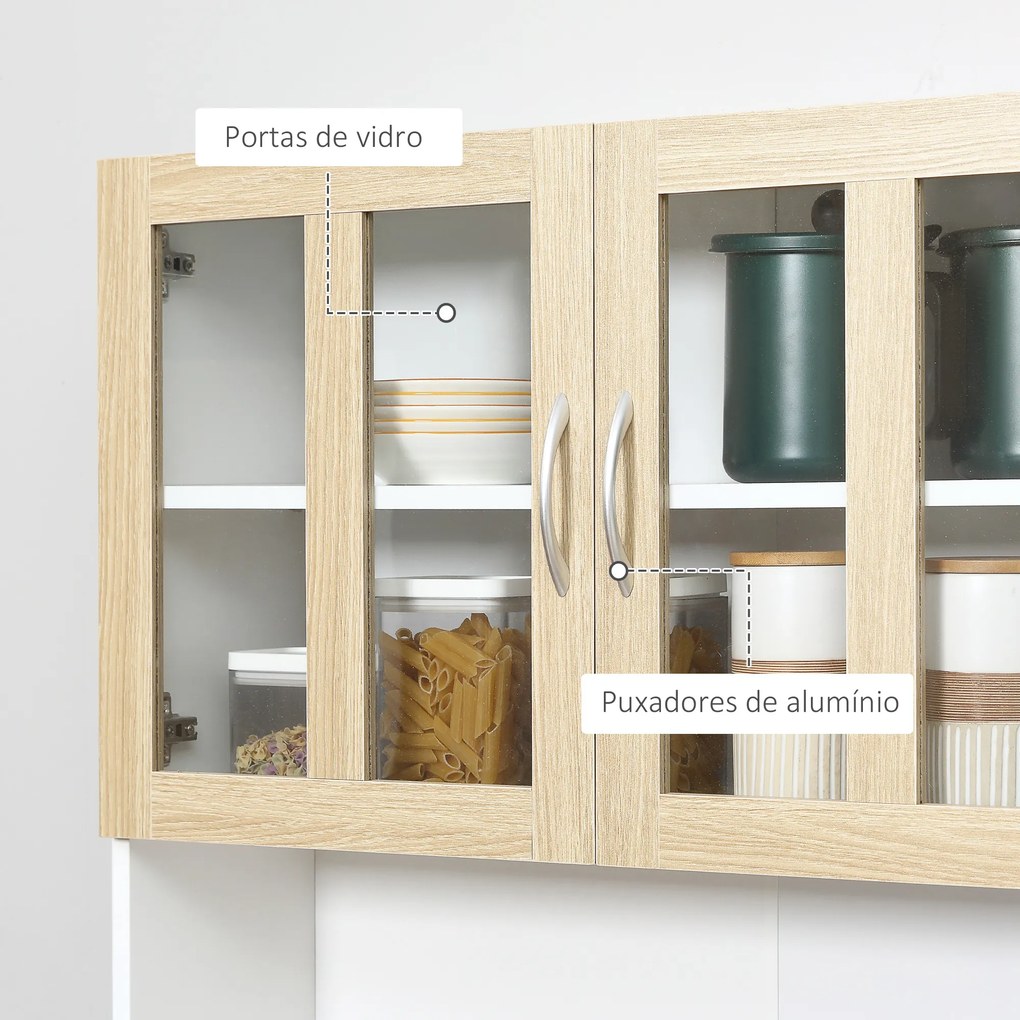 Armário de Cozinha 80x40x180 cm com 4 Portas de Vidro Bancada Aberta para Micro-Ondas Branco e Madeira