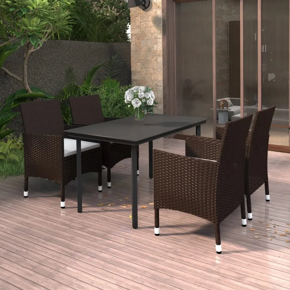 vidaXL 5 pcs conjunto de jantar p/ jardim c/almofadões vime PE e vidro