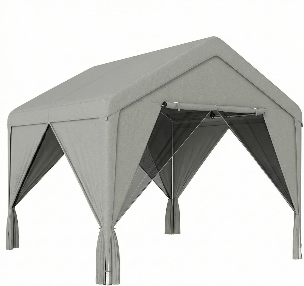 Outsunny Pavilhão de Jardim 3 x 3 m com Mosquiteiro e Cortinas, Abrigo Exterior com Estrutura em Aço Galvanizado, Cinza | Aosom Portugal