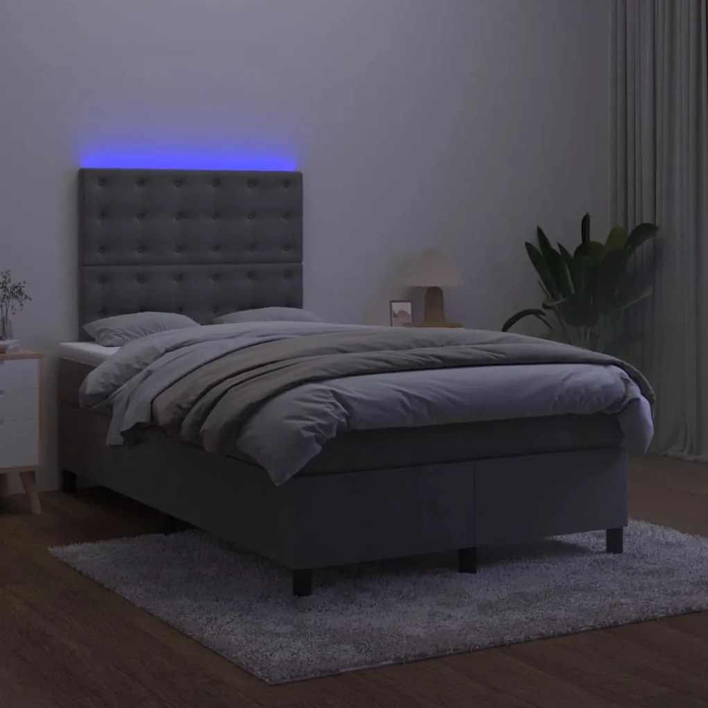 Cama box spring c/ colchão/LED 120x200cm veludo cinzento-escuro