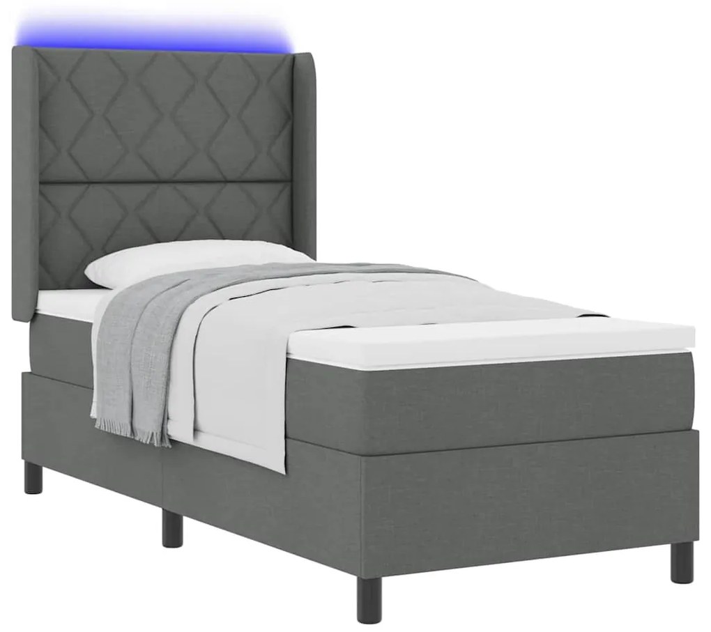 Cama Box com Colchão e LED Cinza Escuro 90x200 cm em Tecido.