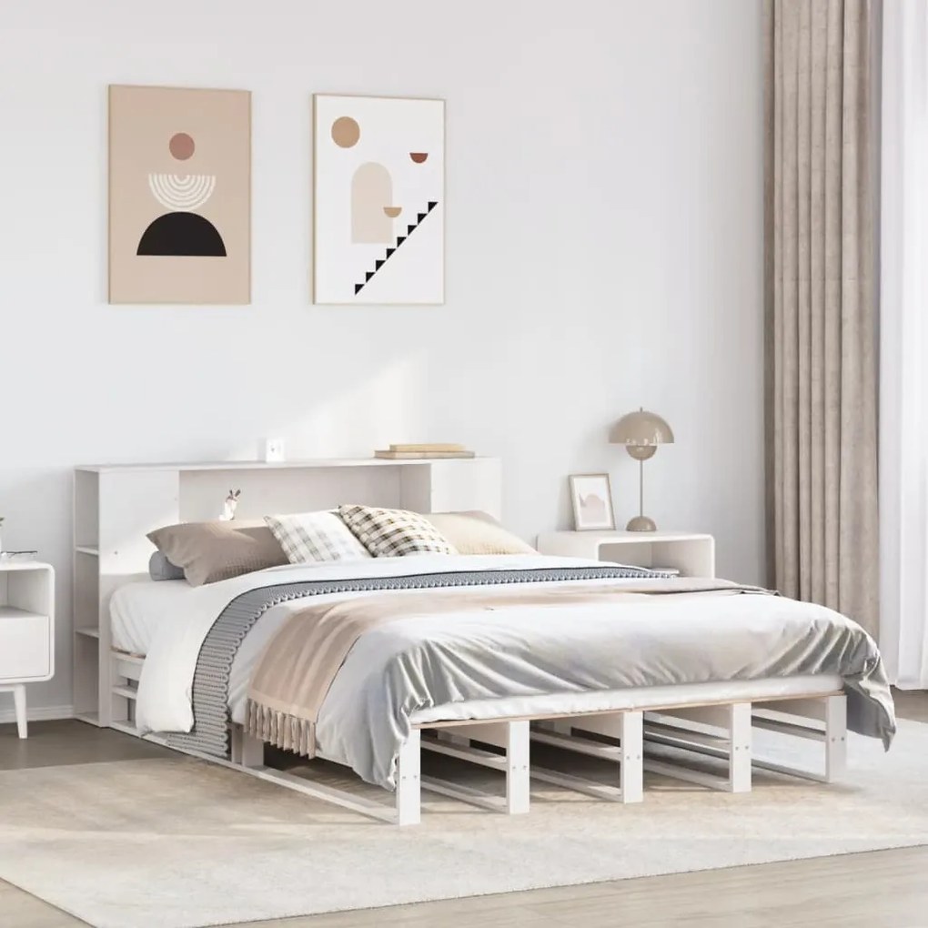 vidaXL Cama com estante sem colchão 140x200 cm madeira maciça branco