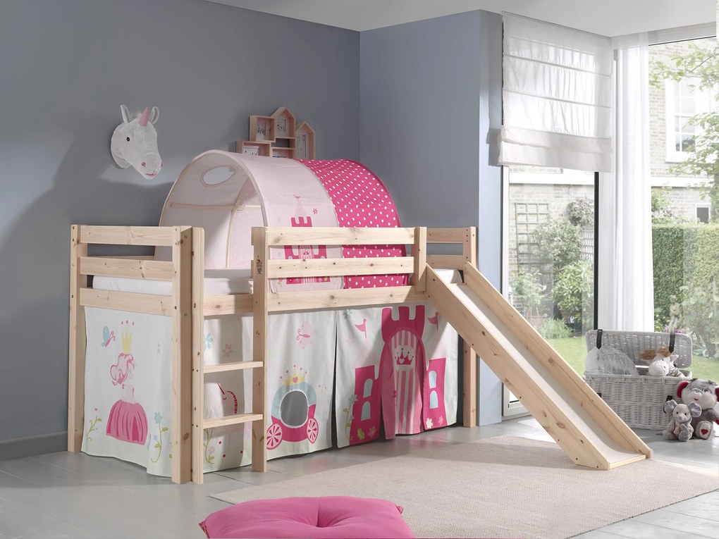 Conjunto Cama alta de Criança PINO 90 x 200 cm + estrado + escada + escorrega + cortina + túnel Princesa Natural