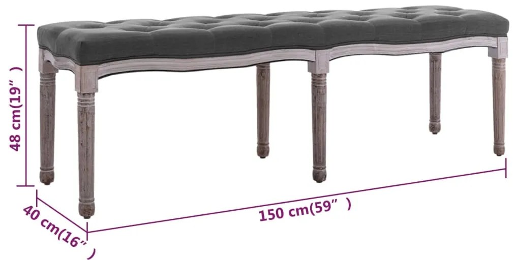 Banco em linho e madeira maciça 150x40x48 cm cinzento-escuro