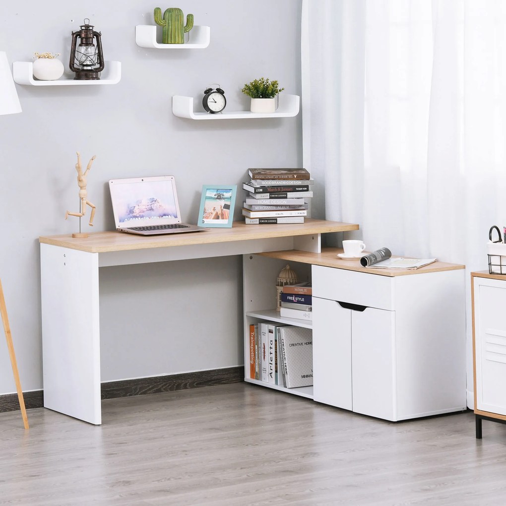 Secretária multimédia modular com vários compartimentos abertos, duplo nicho + gaveta e armário em madeira