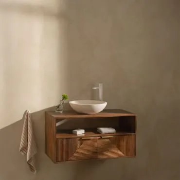 Conjunto De Móvel De Casa De Banho Em Madeira De Manga Baty Madeira De Manga & Cimento Redondo Branco Ø40 Cm Zavion & Sem Espelho & - Sklum