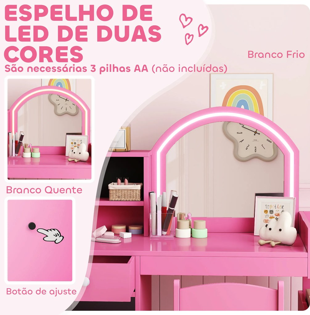 Toucador de Maquilhagem Infantil com Banquinho e Espelho com Luzes LED 1 Gaveta Armário e 5 Prateleiras Rosa