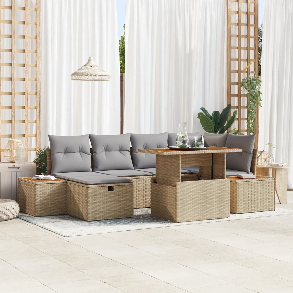 Conjunto de Sofá de Jardim de 7 Peças com Almofadas Bege em Rattan Pol
