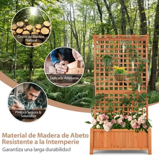 Floreira elevada para jardim 90 x 44,5 x 183,5 cm com treliça de madeira maciça com orifícios de drenagem para interior e exterior Natural